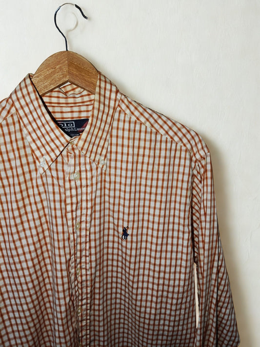 Polo Ralph Lauren 100% Cotton Button Down Shirt Orange Brown Check Size 15.5 M