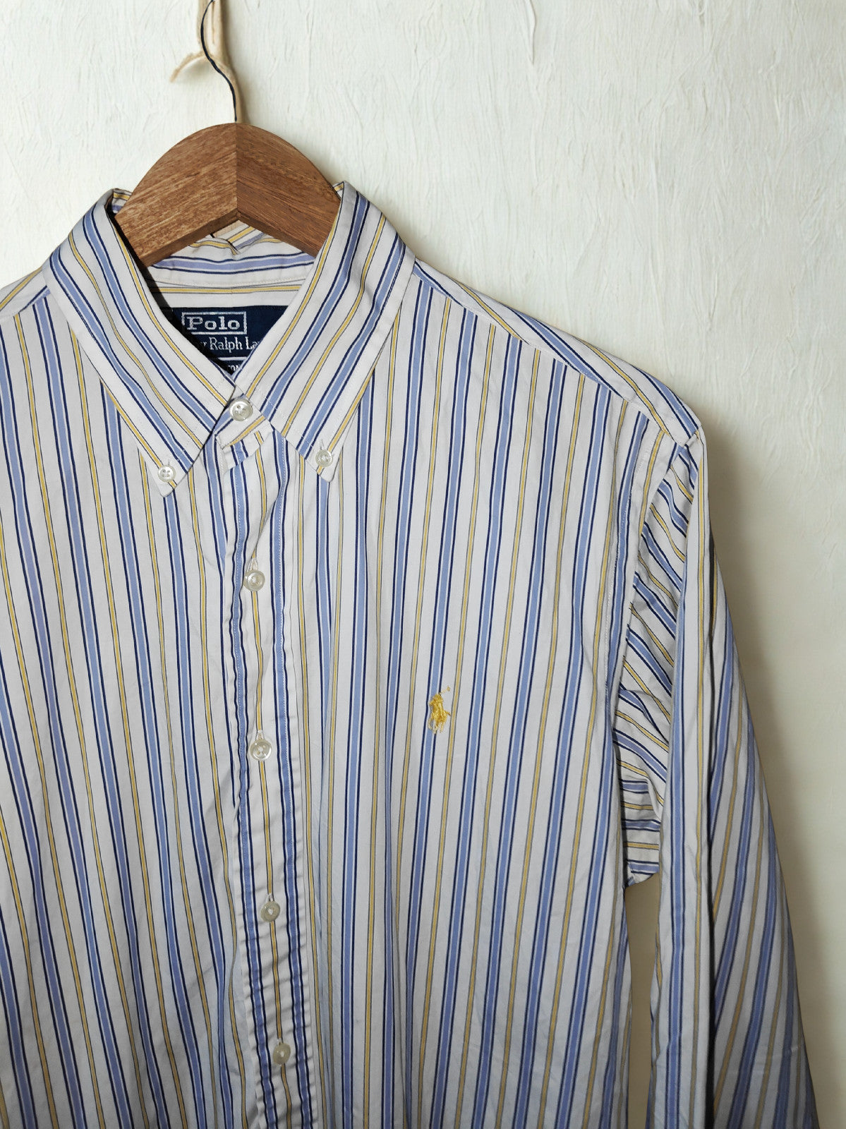 Polo Ralph Lauren Custom Fit Blue Yellow White Stripe Shirt Size 16 40/41 Large