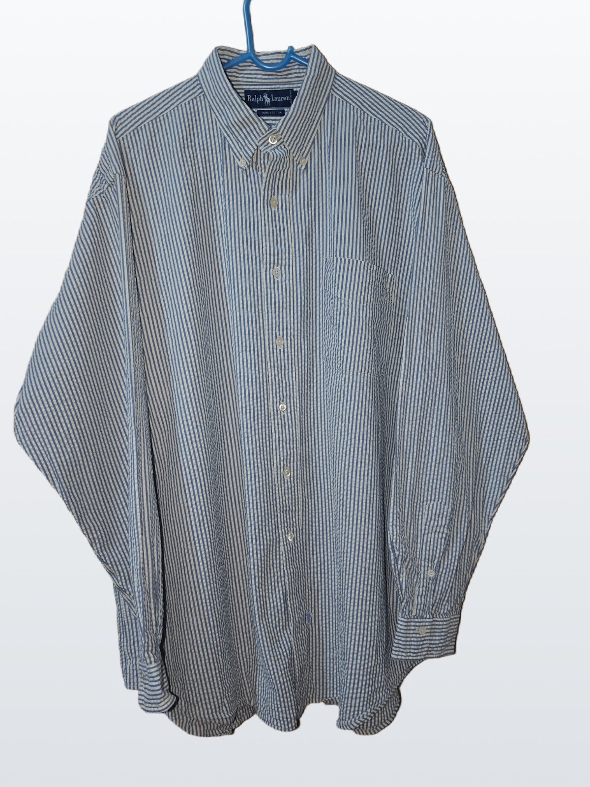 Ralph Lauren Men’s Shirt XL X- Large Blue White Stripe 100% Cotton Button-Down