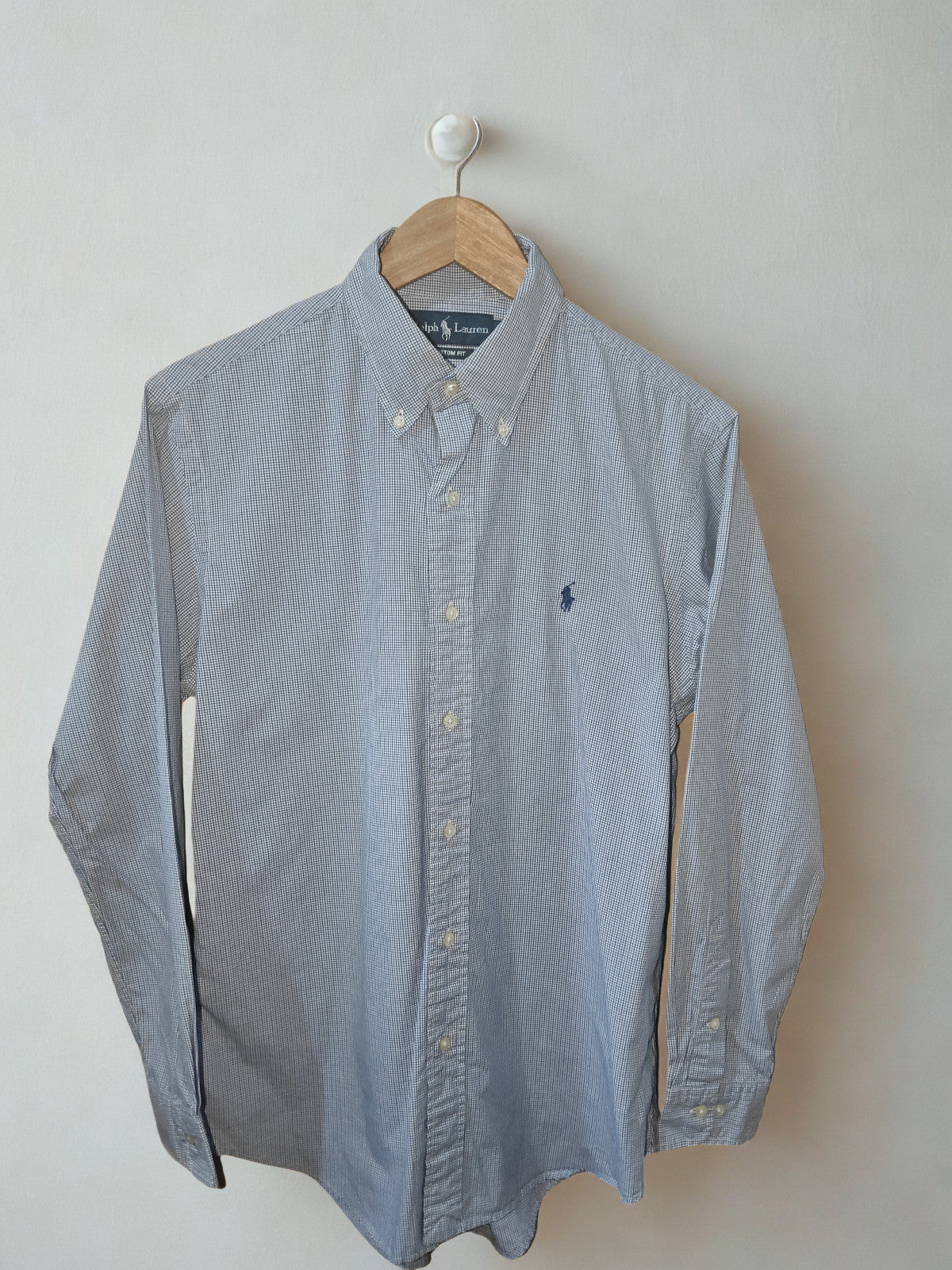 Ralph Lauren Custom Fit Shirt Blue White Micro Check Long Sleeve Size M 15.5