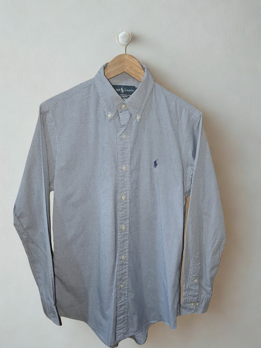 Ralph Lauren Custom Fit Shirt Blue White Micro Check Long Sleeve Size M 15.5