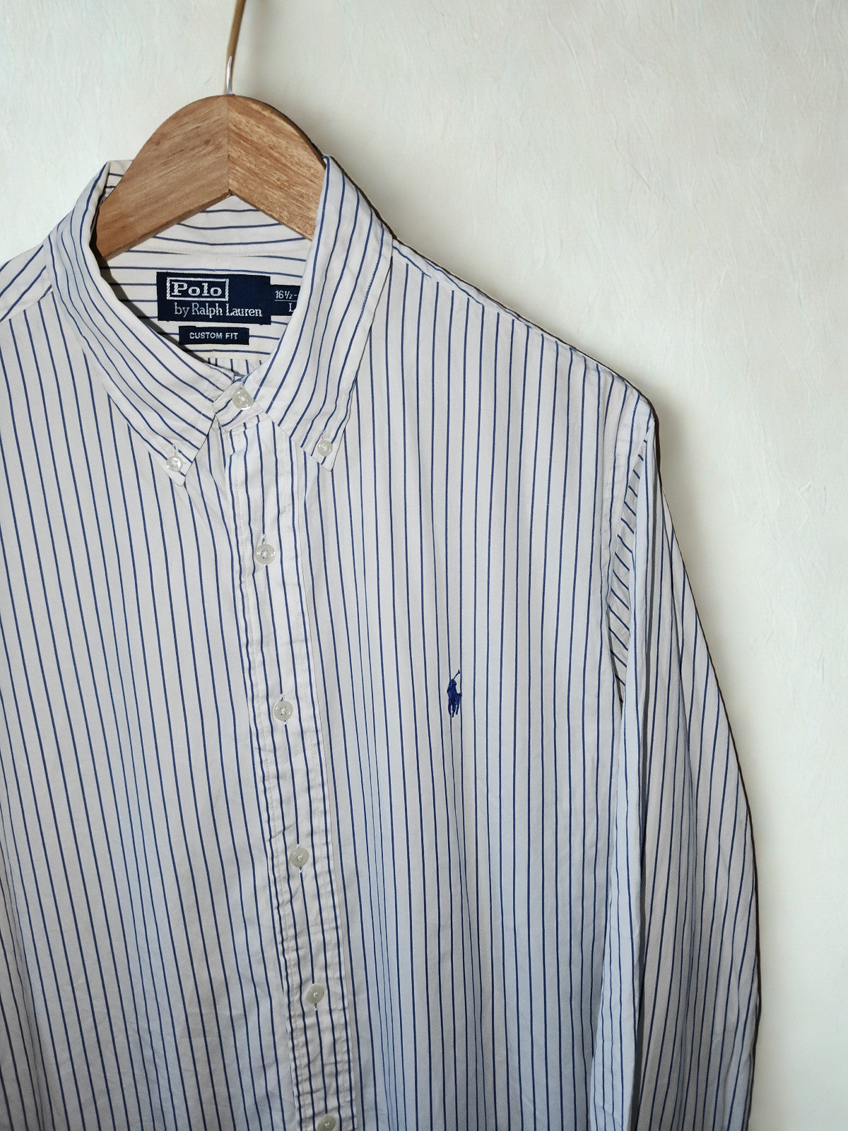Polo Ralph Lauren Custom Fit Shirt White Blue Stripe L 16.5" Neck / 42