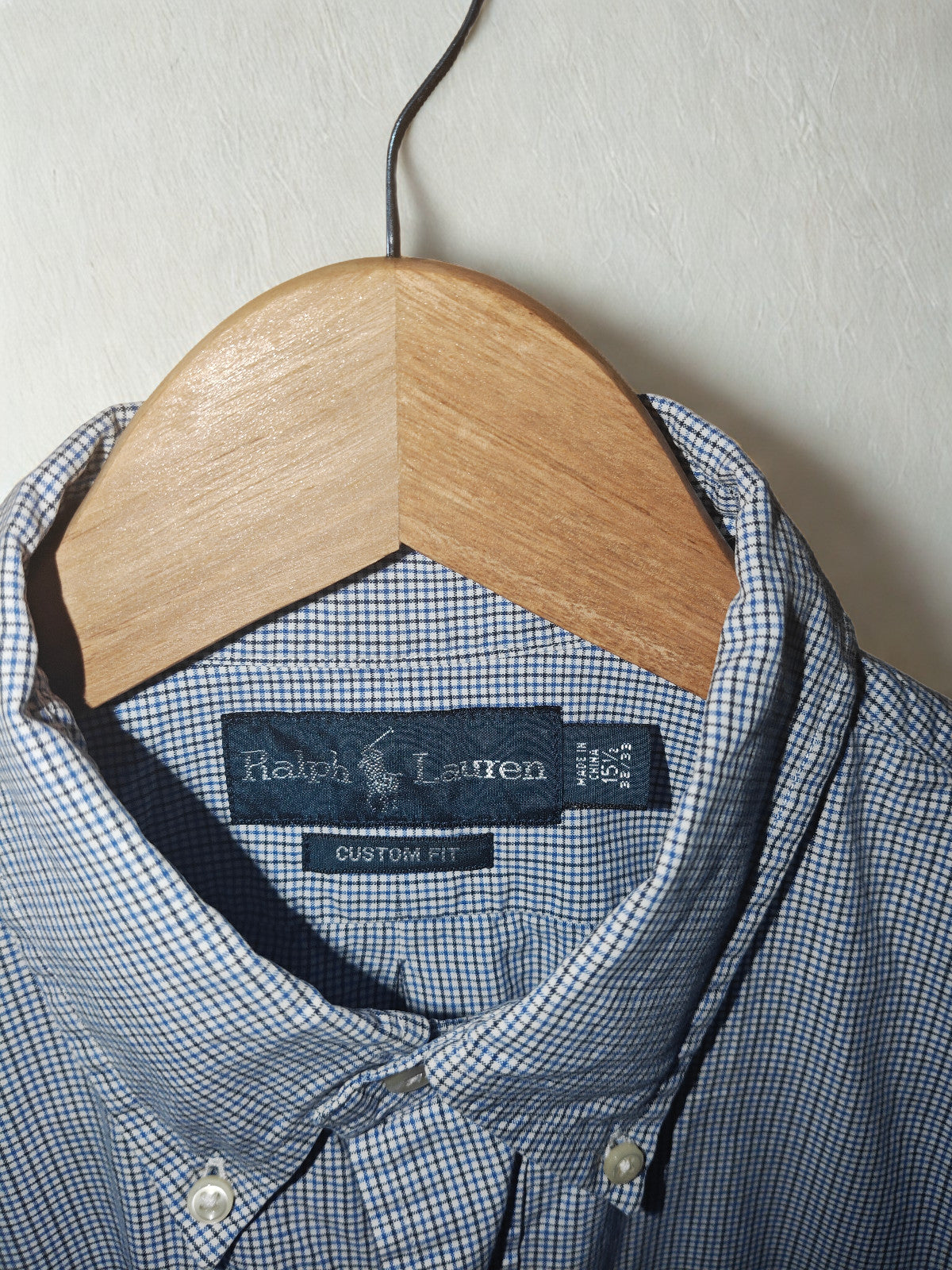 Ralph Lauren Custom Fit Shirt Blue White Micro Check Long Sleeve Size M 15.5