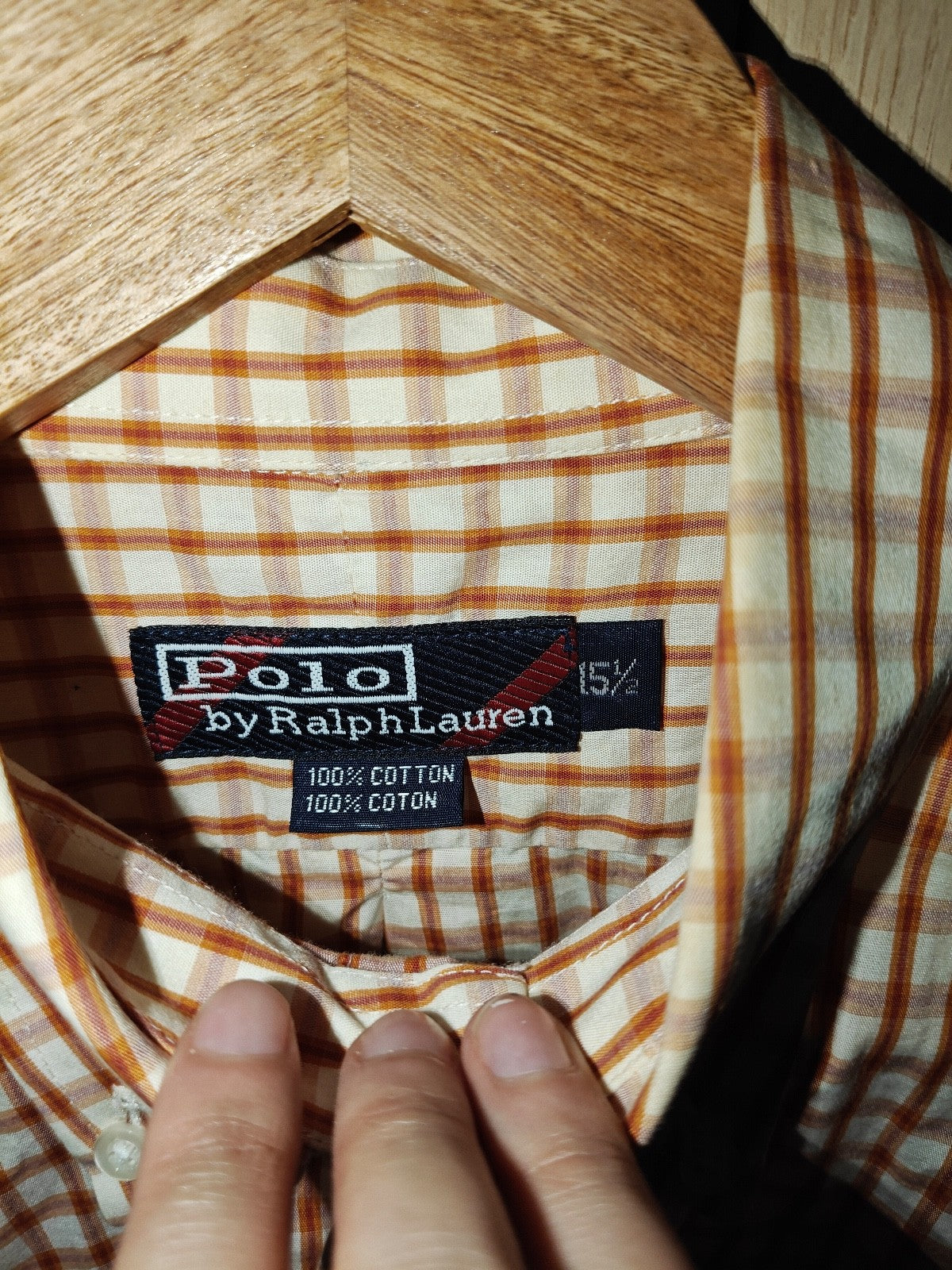 Polo Ralph Lauren 100% Cotton Button Down Shirt Orange Brown Check Size 15.5 M