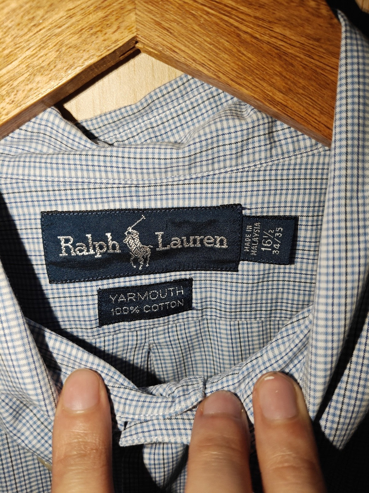 Ralph Lauren Yarmouth 100% Cotton Shirt Blue Check Size 16.5 34/35 L