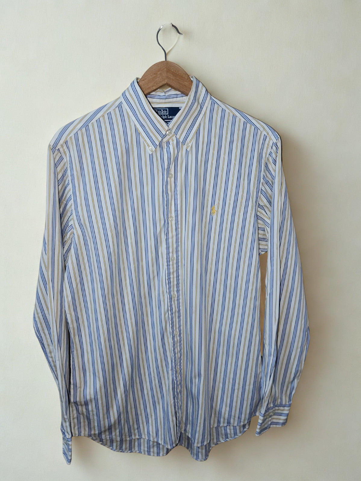 Polo Ralph Lauren Custom Fit Blue Yellow White Stripe Shirt Size 16 40/41 Large