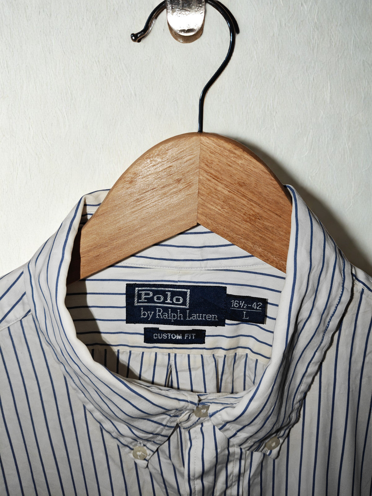 Polo Ralph Lauren Custom Fit Shirt White Blue Stripe L 16.5" Neck / 42