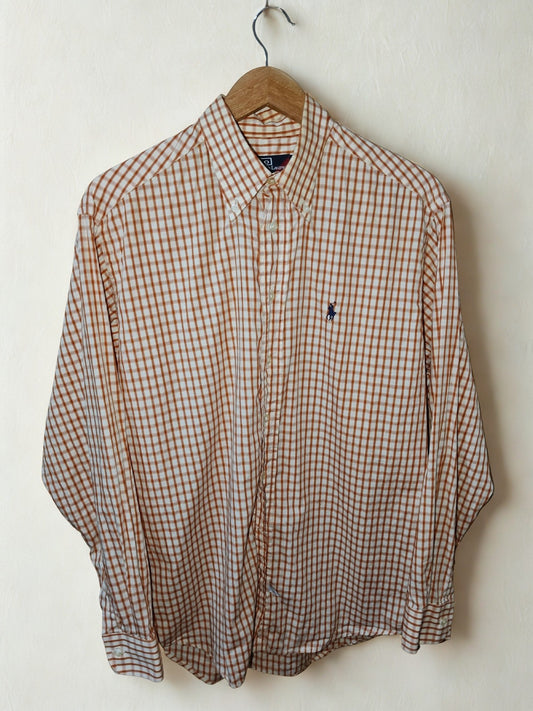 Polo Ralph Lauren 100% Cotton Button Down Shirt Orange Brown Check Size 15.5 M
