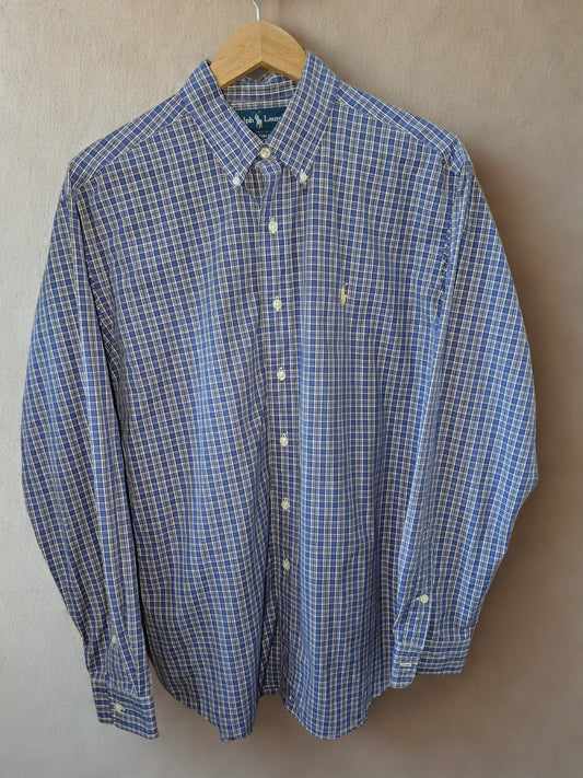 Ralph Lauren Men’s Long Sleeve Shirt – Blue Plaid, Custom Fit, Size L