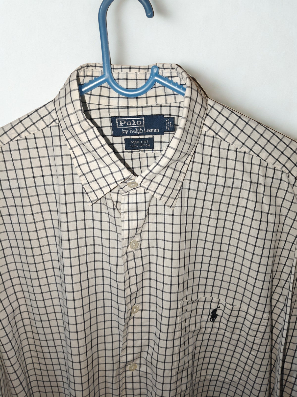 Polo Ralph Lauren Men’s Shirt L Large Marlowe White Navy Windowpane Check