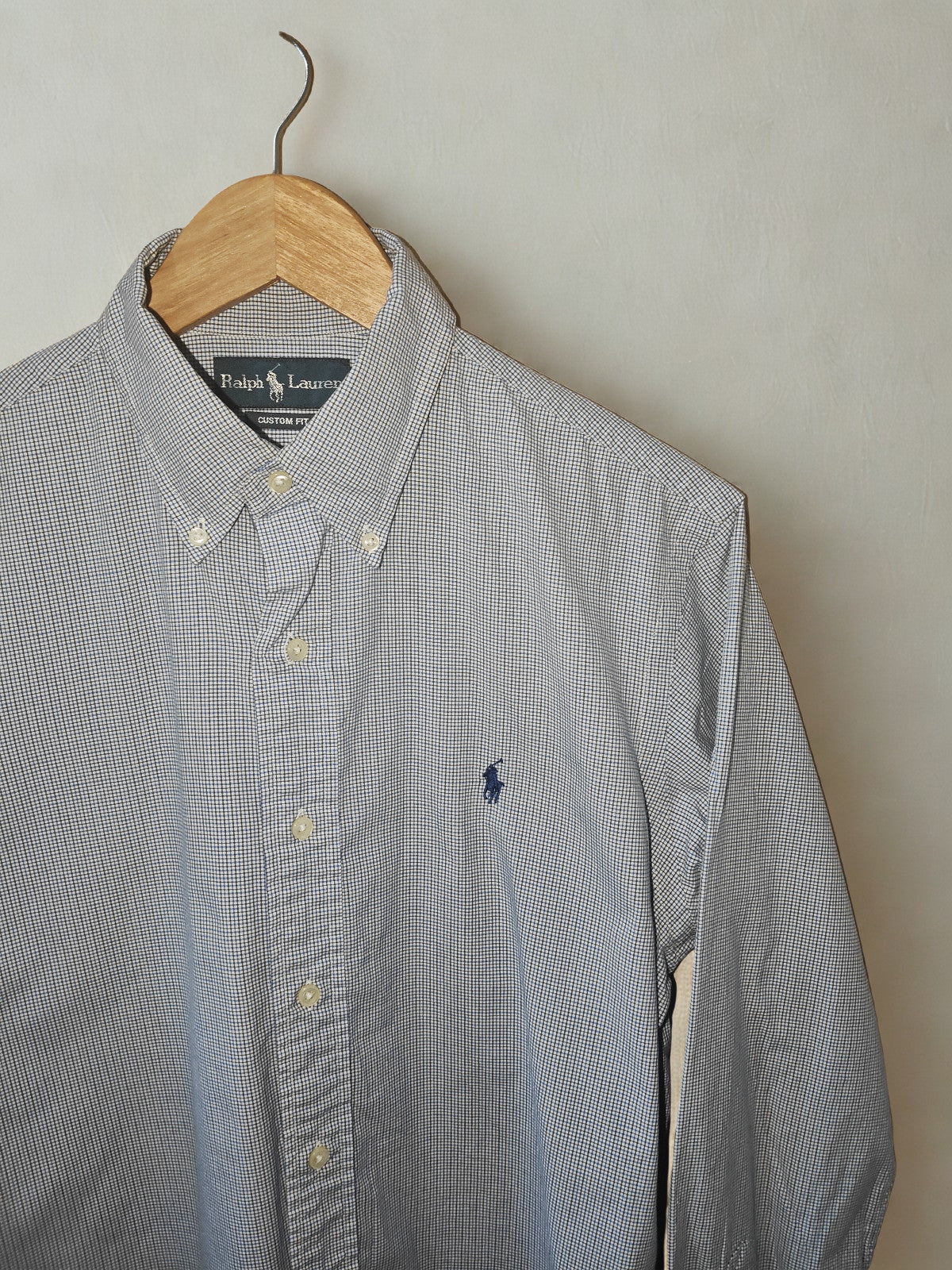 Ralph Lauren Custom Fit Shirt Blue White Micro Check Long Sleeve Size M 15.5