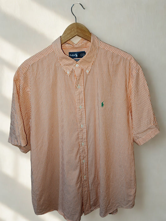 Ralph Lauren Classic Fit XXL Orange White Stripe Short Sleeve 100% Cotton Shirt