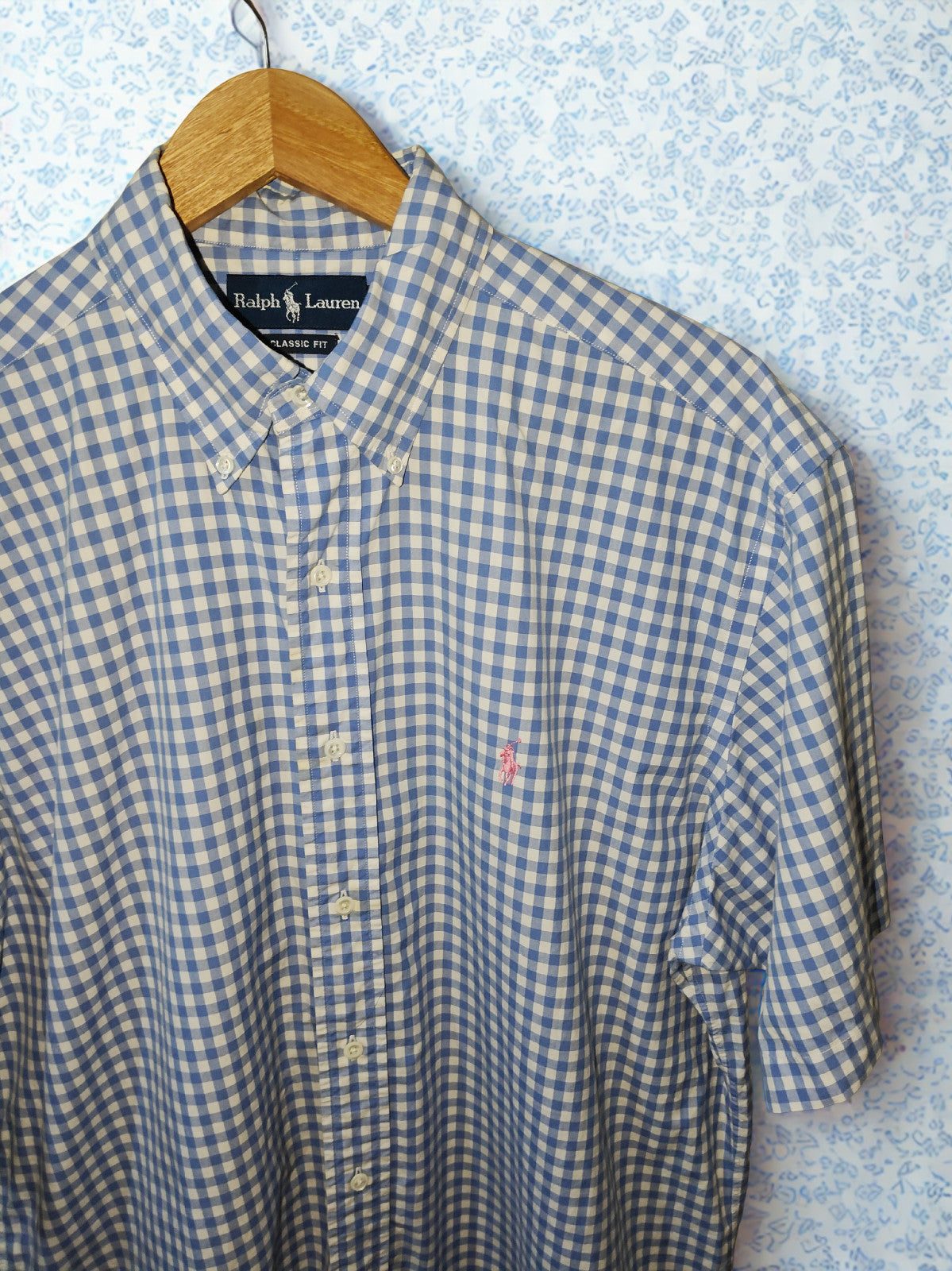 Ralph Lauren Classic Fit Men’s Short Sleeve  Shirt Blue Gingham Check Size L