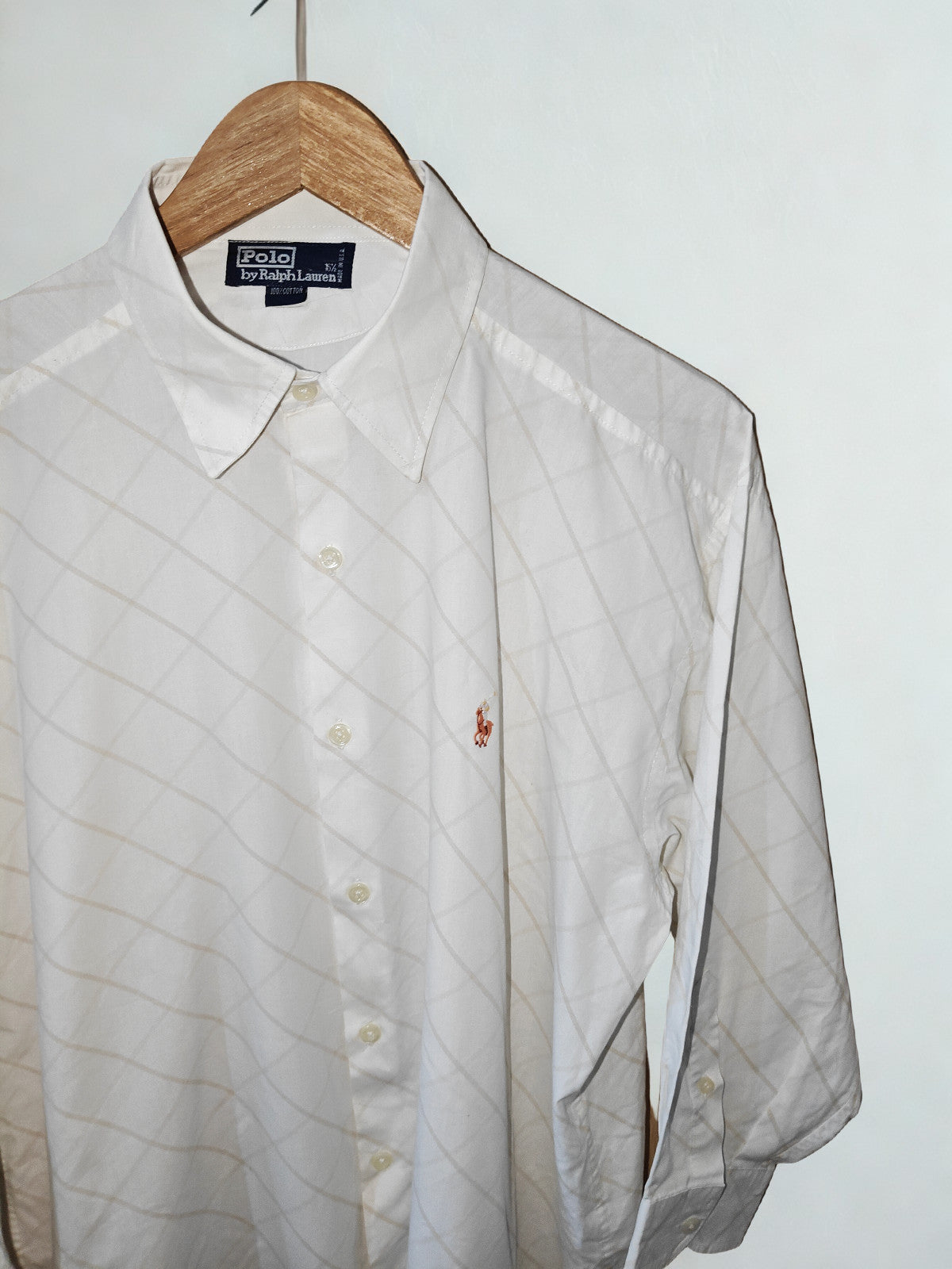 Polo Ralph Lauren Men’s Dress Shirt White Beige Plaid Long Sleeve Size 16.5 XL