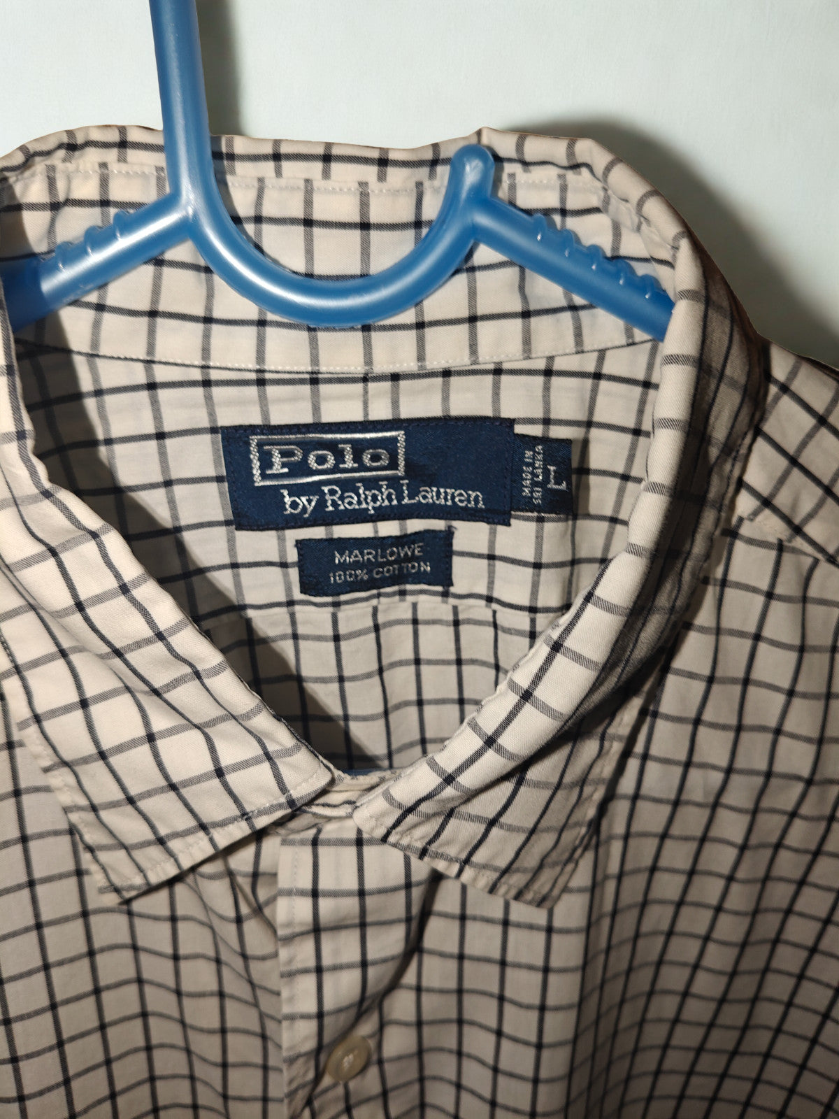 Polo Ralph Lauren Men’s Shirt L Large Marlowe White Navy Windowpane Check