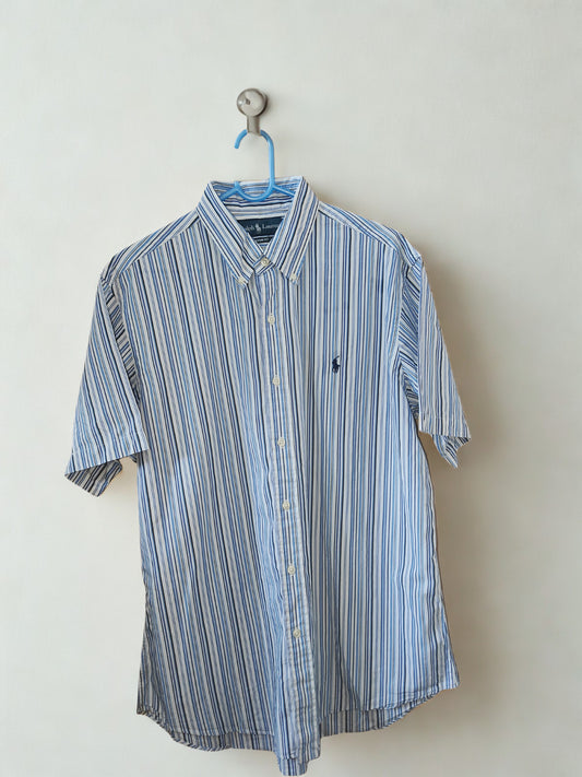 RALPH LAUREN CUSTOM FIT BLUE/WHITE MENS SS SHIRT SIZE LARGE.