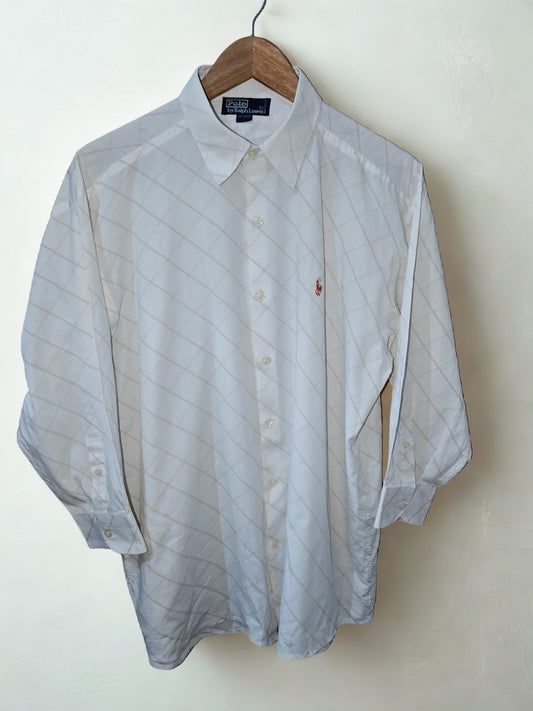 Polo Ralph Lauren Men’s Dress Shirt White Beige Plaid Long Sleeve Size 16.5 XL